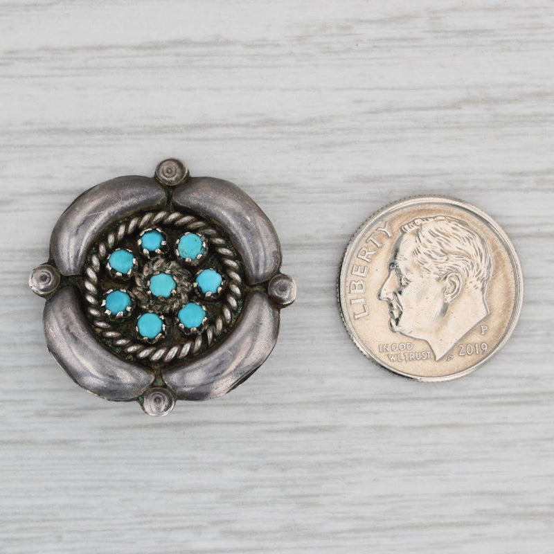 Gray Native American Turquoise Flower Brooch Sterling Silver Vintage Zuni Pin