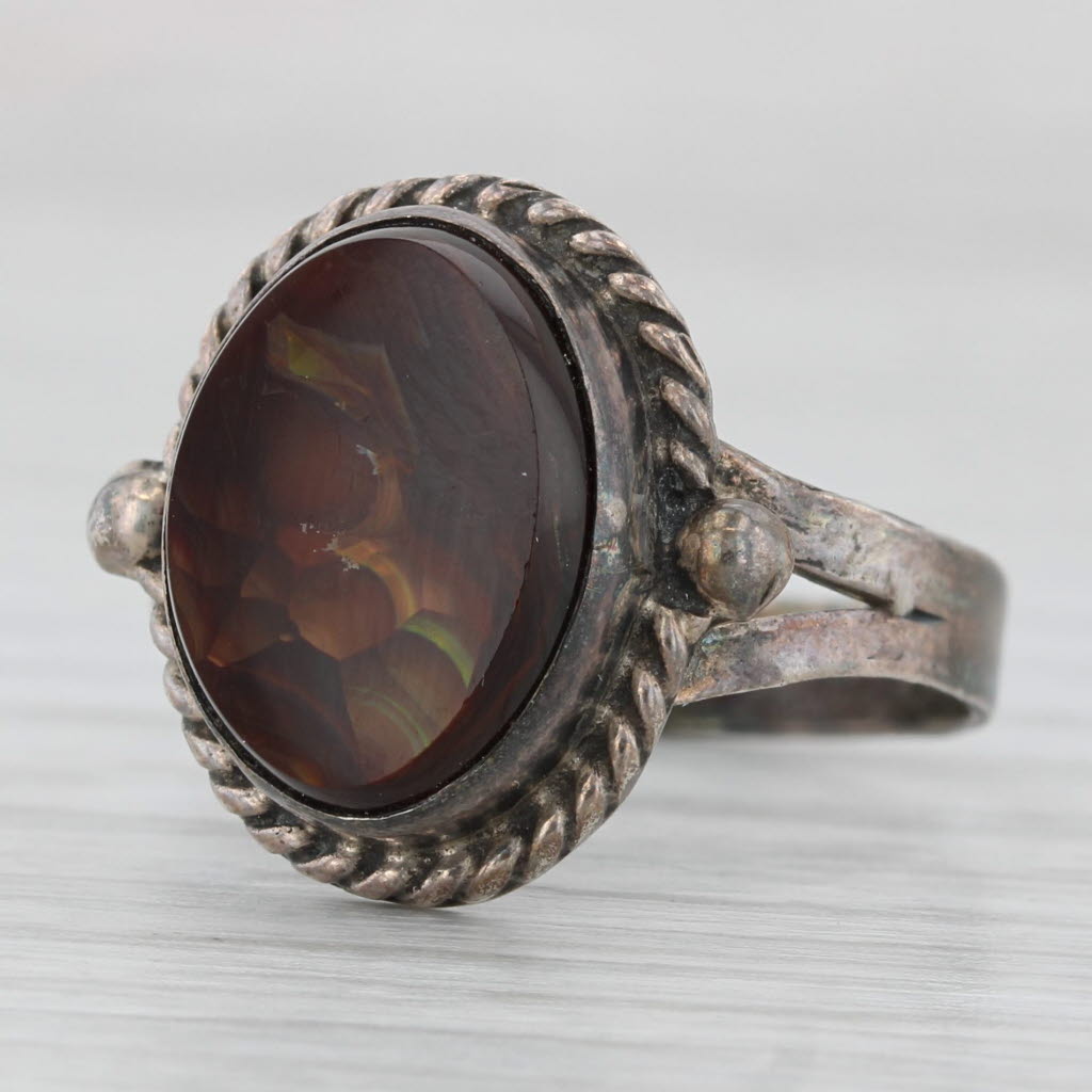 Light Gray Fire Agate Oval Cabochon Solitaire Ring Sterling Silver Size 9 Vintage