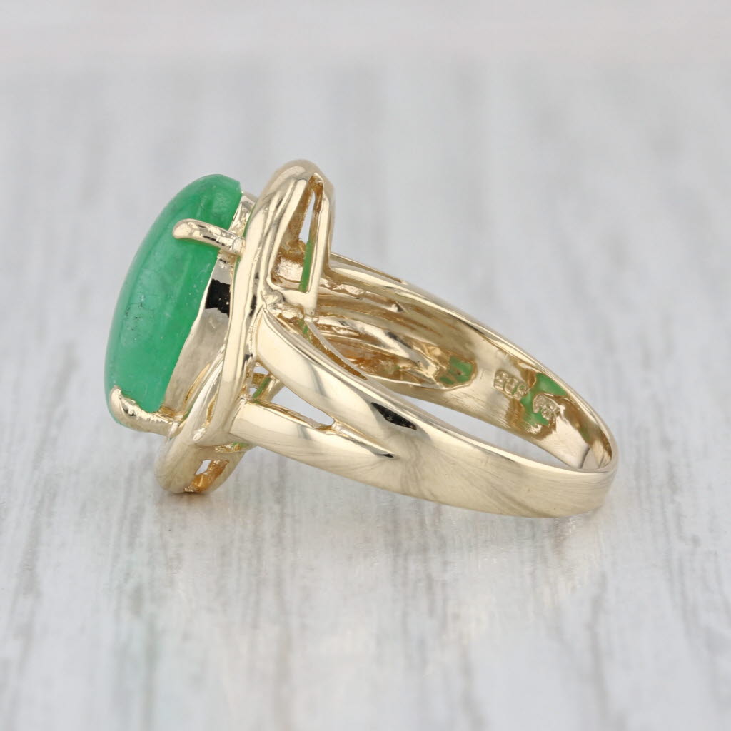 Green Jadeite Jade Oval Cabochon Diamond Ring 14k Yellow Gold Size 6.5