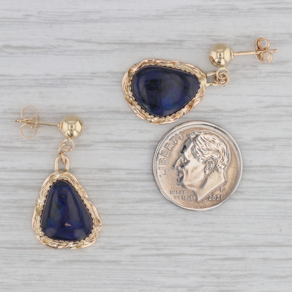 Gray Blue Azurite Dangle Earrings 14k Yellow Gold Artisan Signed