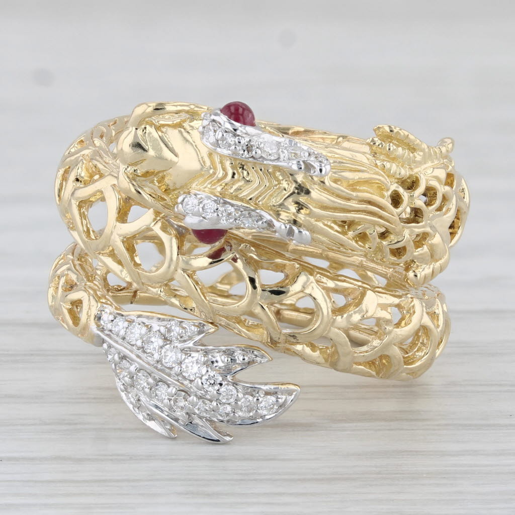 Light Gray John Hardy Coiling Naga Dragon Ring Ruby Diamond 18k Yellow Gold Size 7