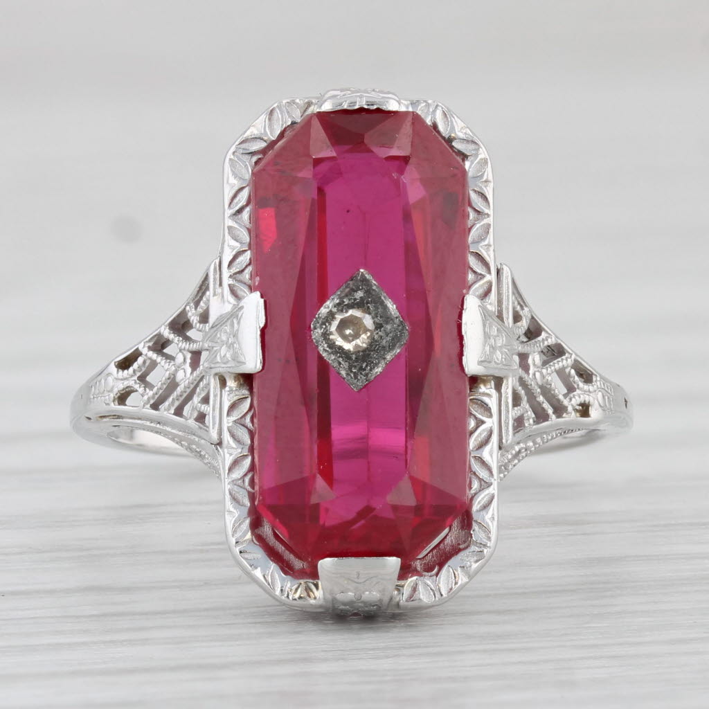 Light Gray Vintage Lab Created Ruby Diamond Signet Ring 14k White Gold Filigree Size 6.5