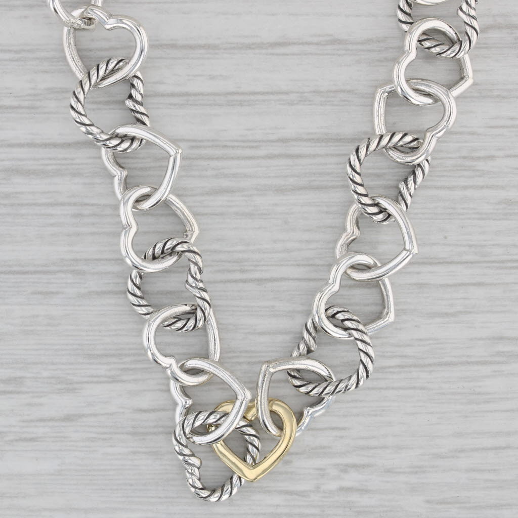 Gray David Yurman Linked Hearts Cable Chain Necklace Sterling Silver 18k Gold 17"