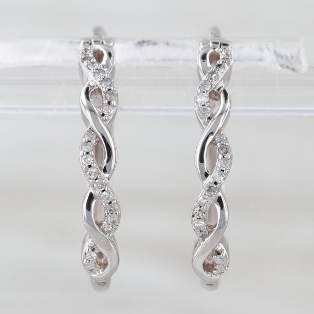 Woven Diamond Hoop Earrings 10k White Gold Round Hoops Snap Top Posts