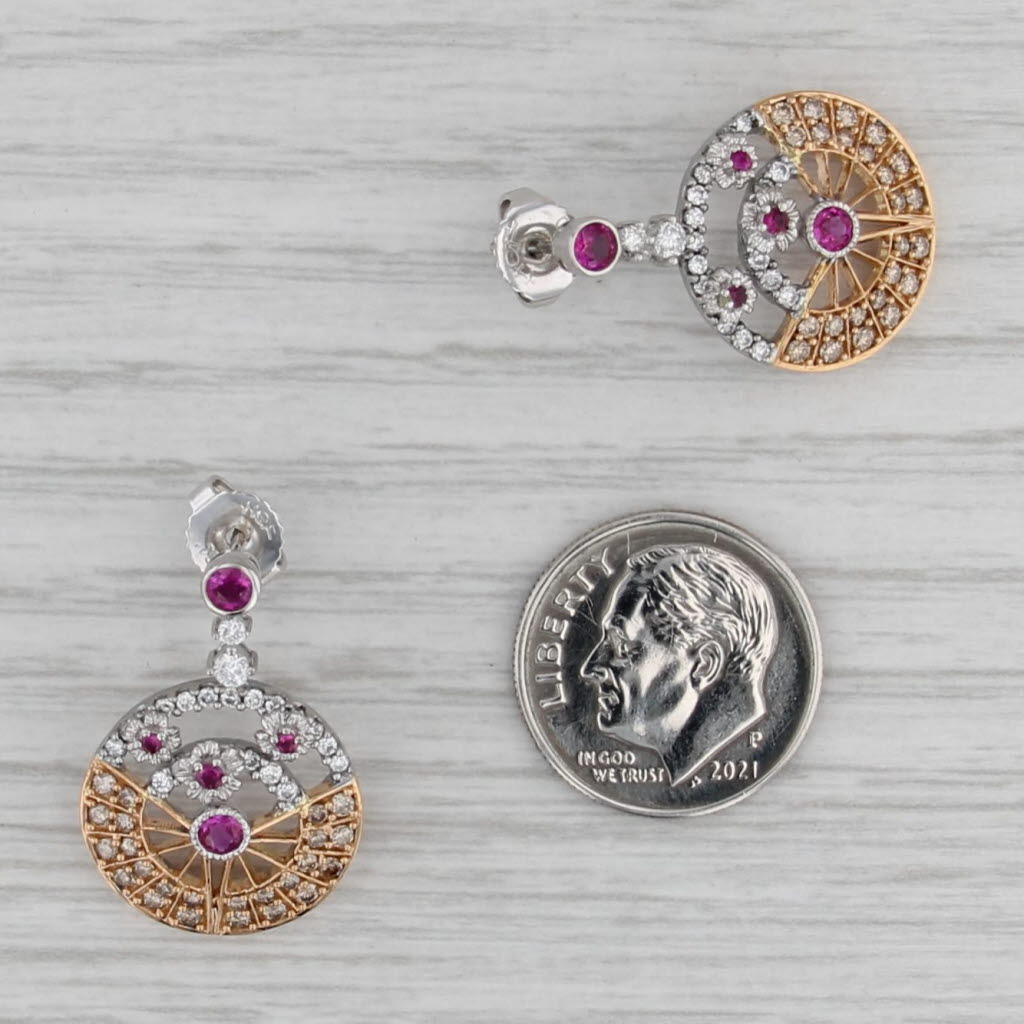 1.09ctw Diamond Ruby Circle Drop Earrings 18k Rose White Gold