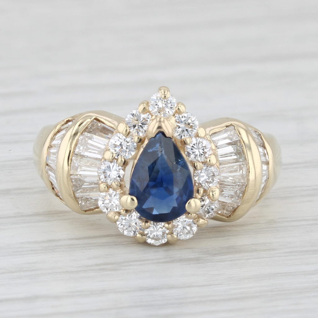 Light Gray 1.61ctw Blue Sapphire Diamond Halo Teardrop Ring 14k Yellow Gold Size 5