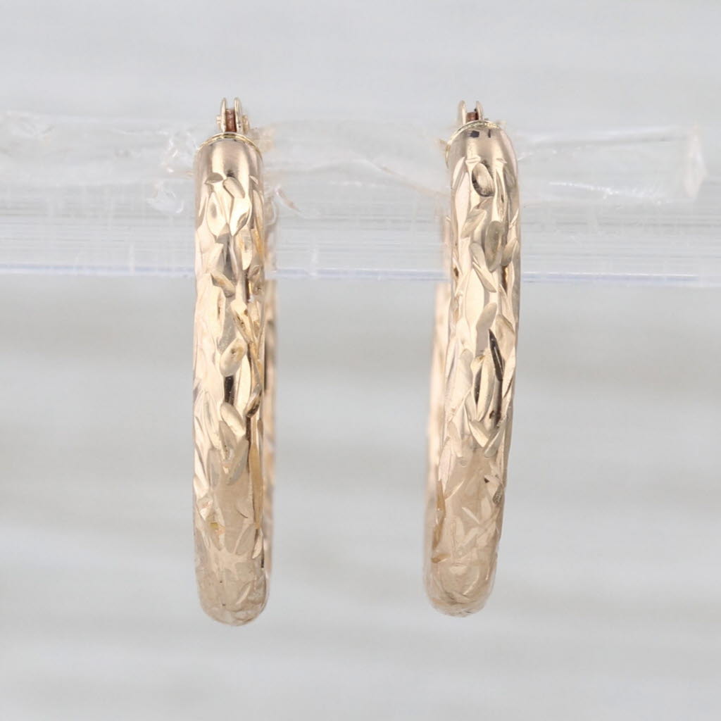 Small Etched Hoop Earrings 10k Yellow Gold Snap Top Round Hoops 19 x 2.4 mm