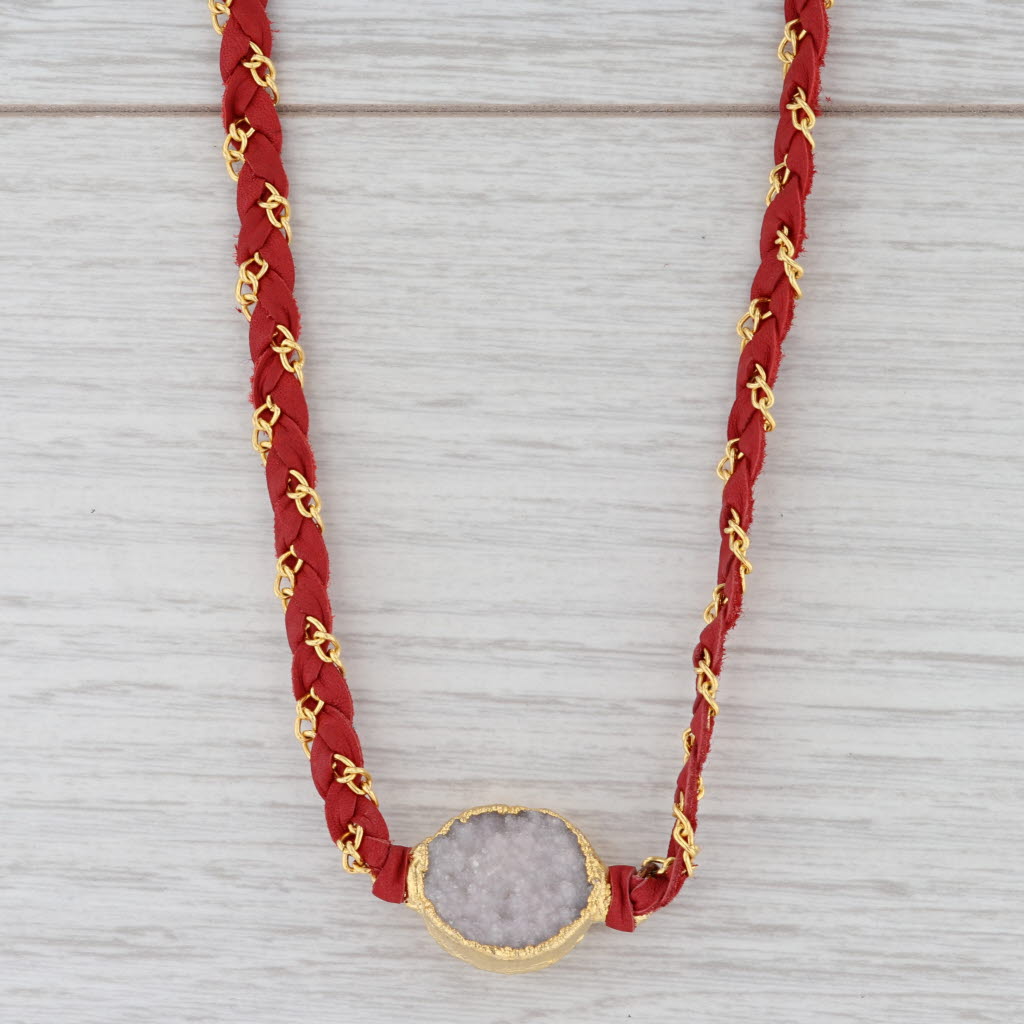 New Cordelia Nina Wynn Necklace White Druzy Woven Red Leather Gold Vermeil