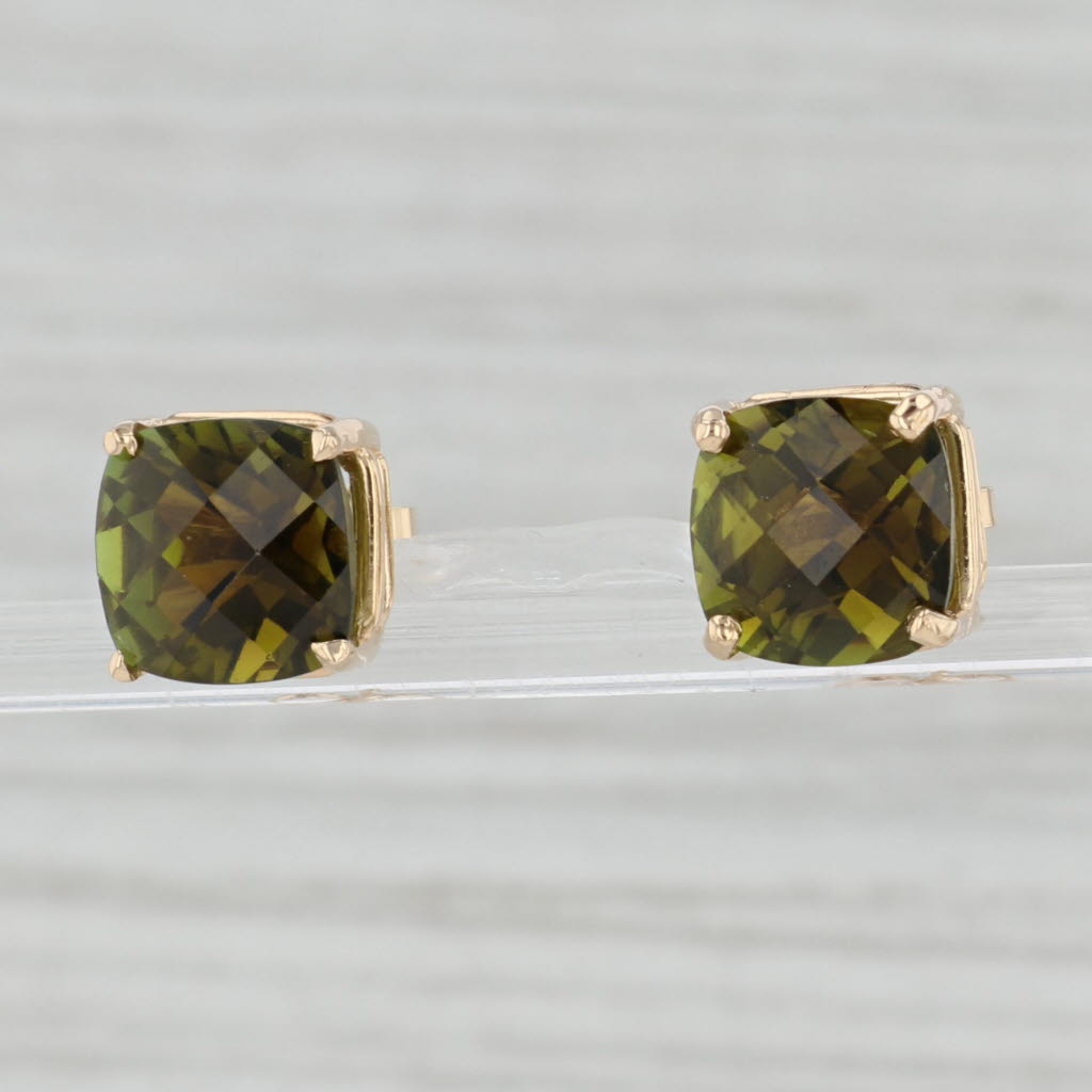 Light Gray 8.20ctw Green Tourmaline Stud Earrings 14k Yellow Gold Cushion Solitaire Studs