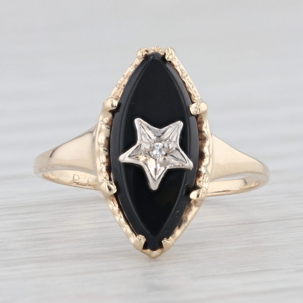 Light Gray Vintage Onyx Diamond Star Signet Ring 10k Yellow Gold Size 5