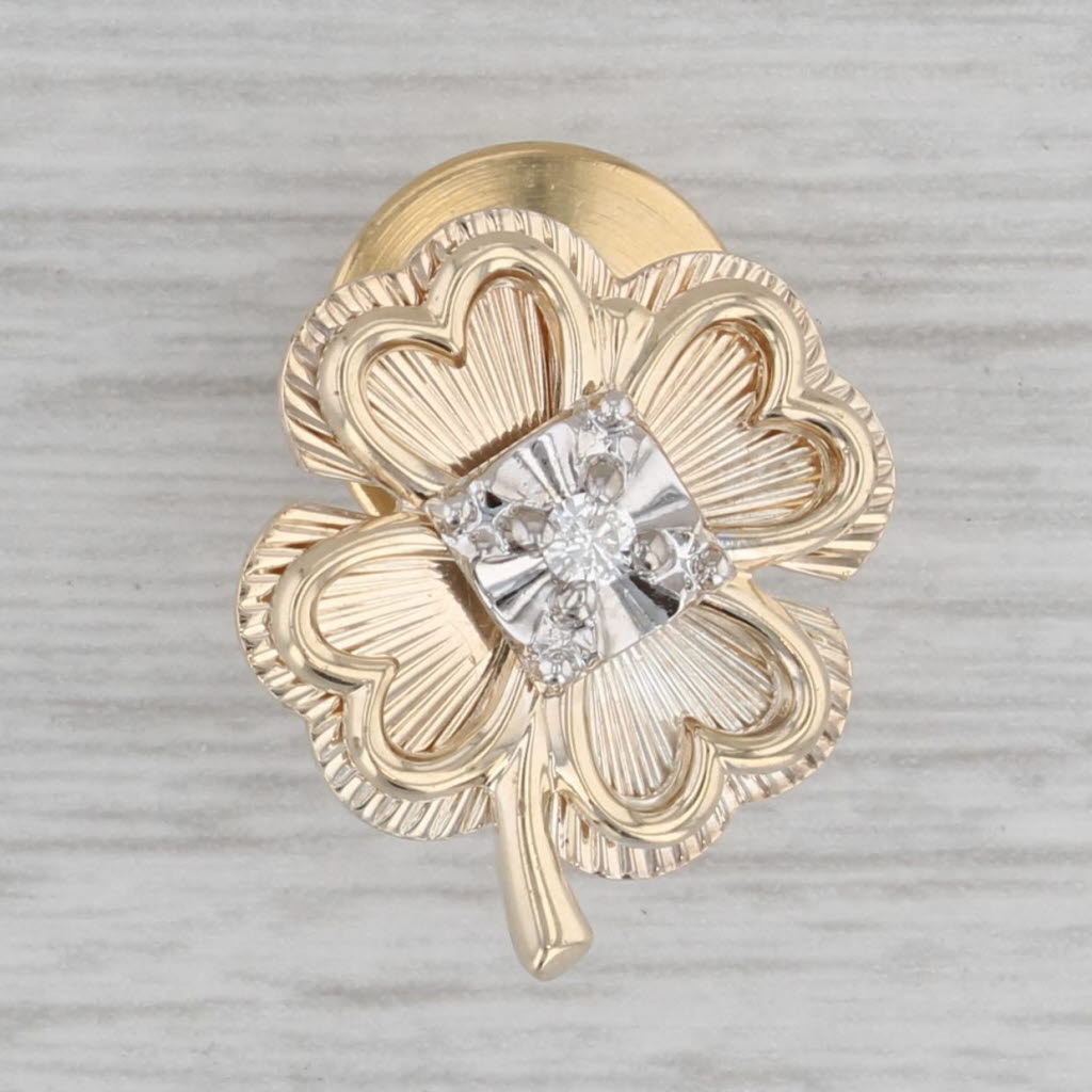 Gray Four Leaf Clover Shamrock Diamond Pin 14k Yellow Gold Lapel Tie Tac