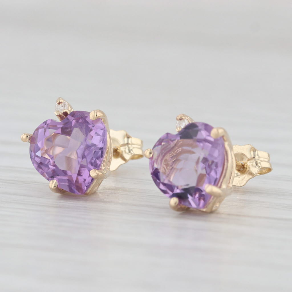 Light Gray 3.20ctw Amethyst Heart Stud Earrings 14k Yellow Gold Diamond Accents