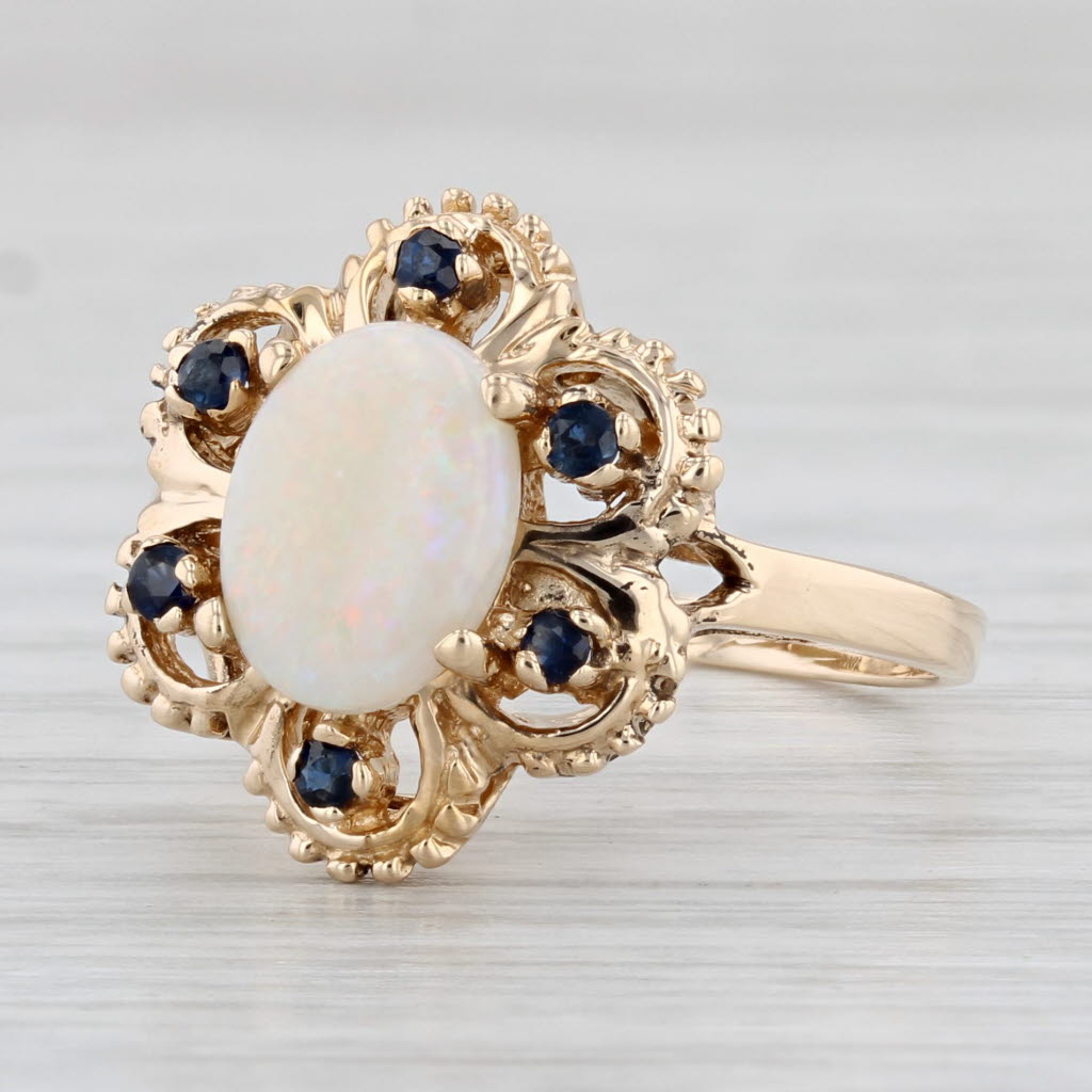 Light Gray Oval Opal Cabochon Sapphire Flower Ring 14k Yellow Gold Size 8