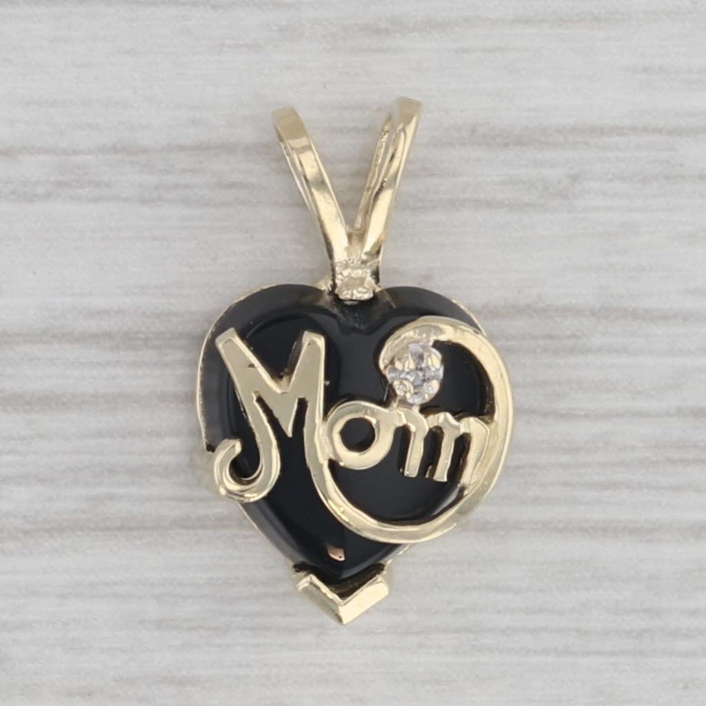 Gray Onyx Heart Mom Pendant 10k Yellow Gold Diamond Accent Small Drop