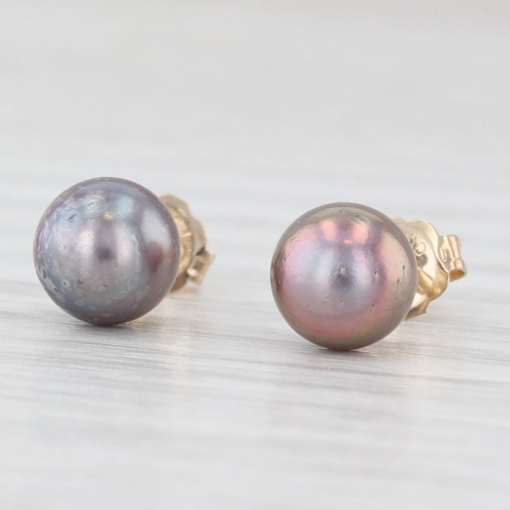 Light Gray Dyed Black Cultured Pearl Solitaire Stud Earrings 14k Yellow Gold 6.3mm