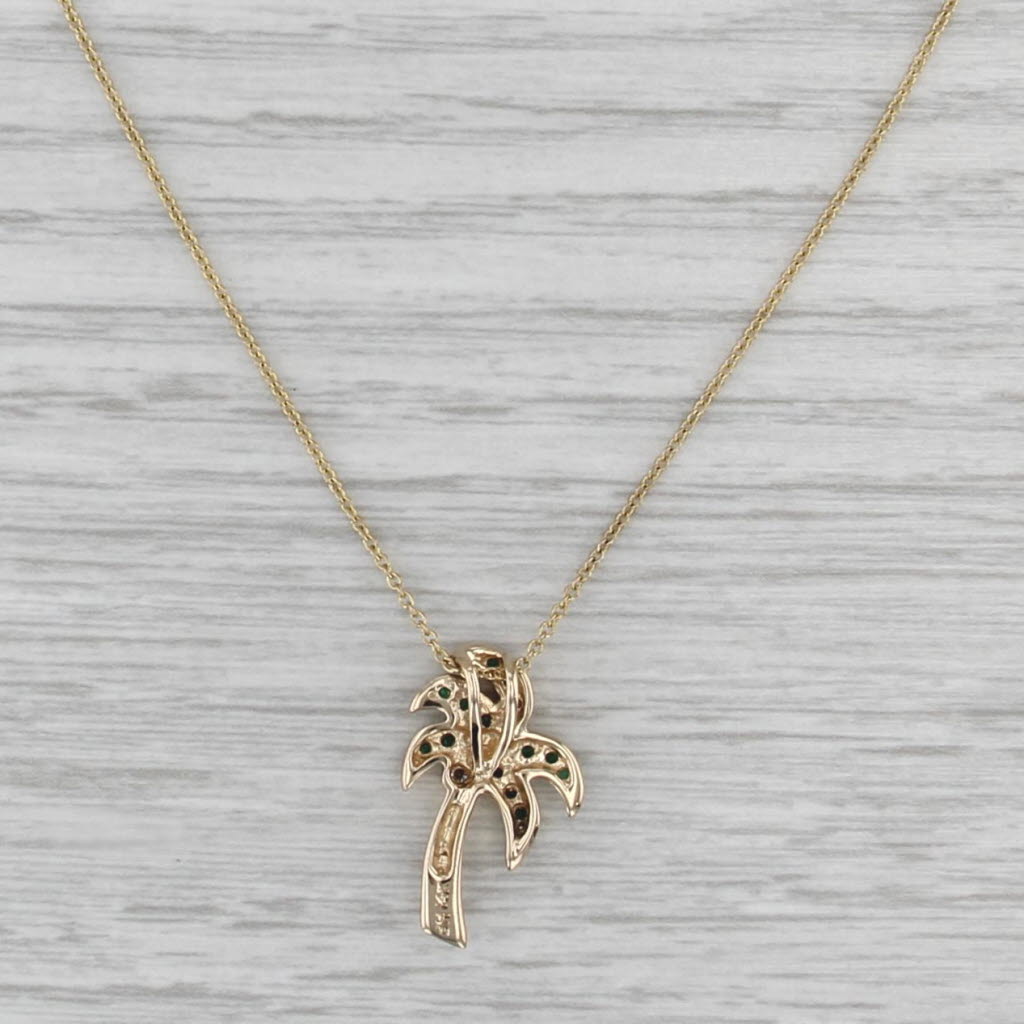 0.29ctw Emerald Diamond Palm Tree Pendant Necklace 14k Yellow Gold 18"