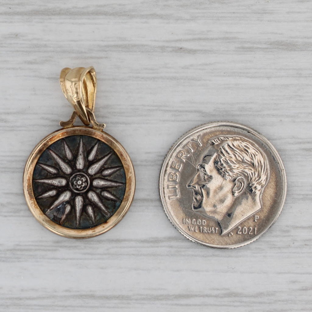 Gray Vergina Sun Motif Greek Macedonia Symbol Coin Copy Pendant 14k Gold Silver