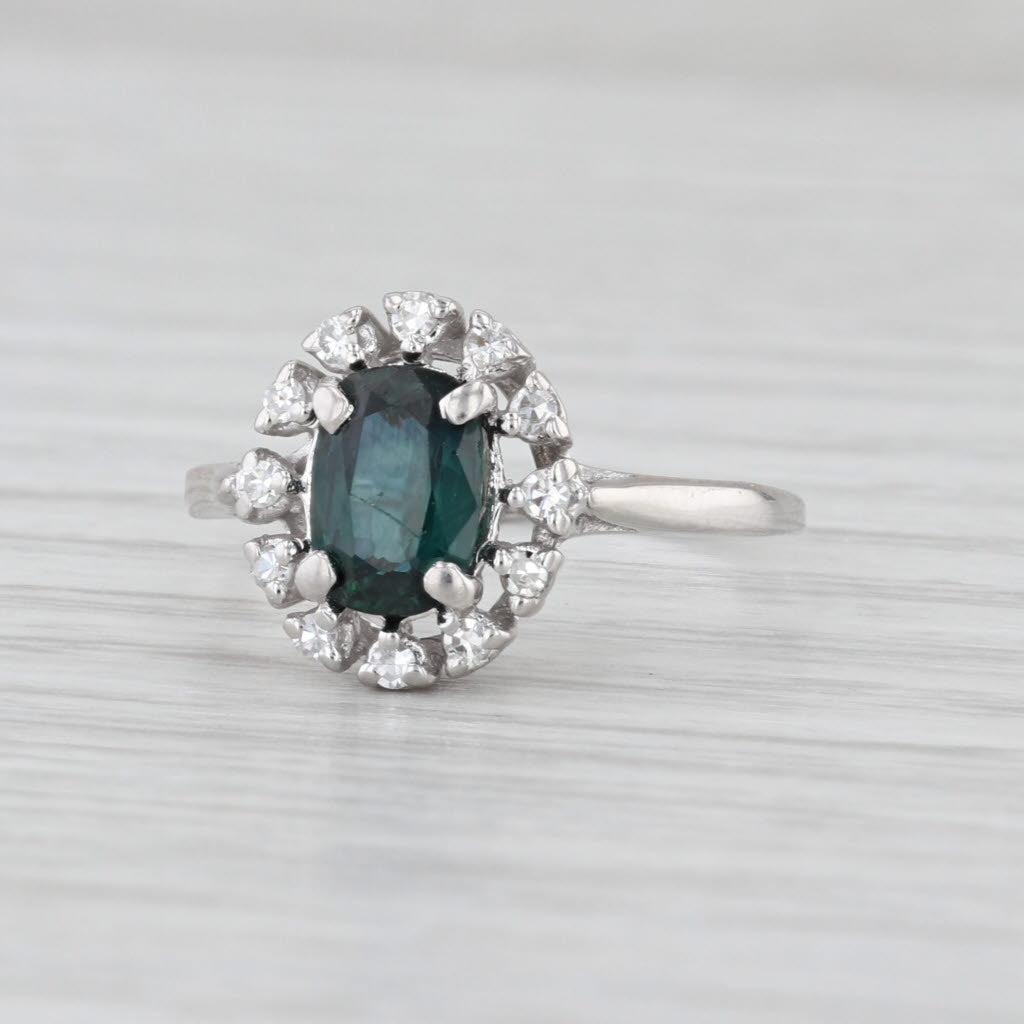 0.93ctw Oval Blue Sapphire Diamond Halo Ring 14k White Gold Size 6.5