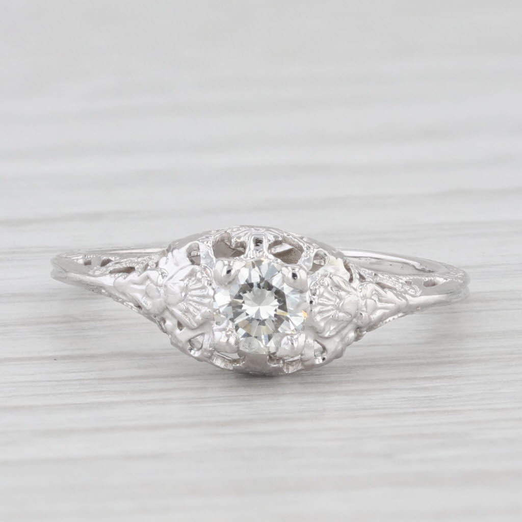 Light Gray 0.30ct Round Diamond Solitaire Engagement Ring 18k White Gold Filigree Size 4.75