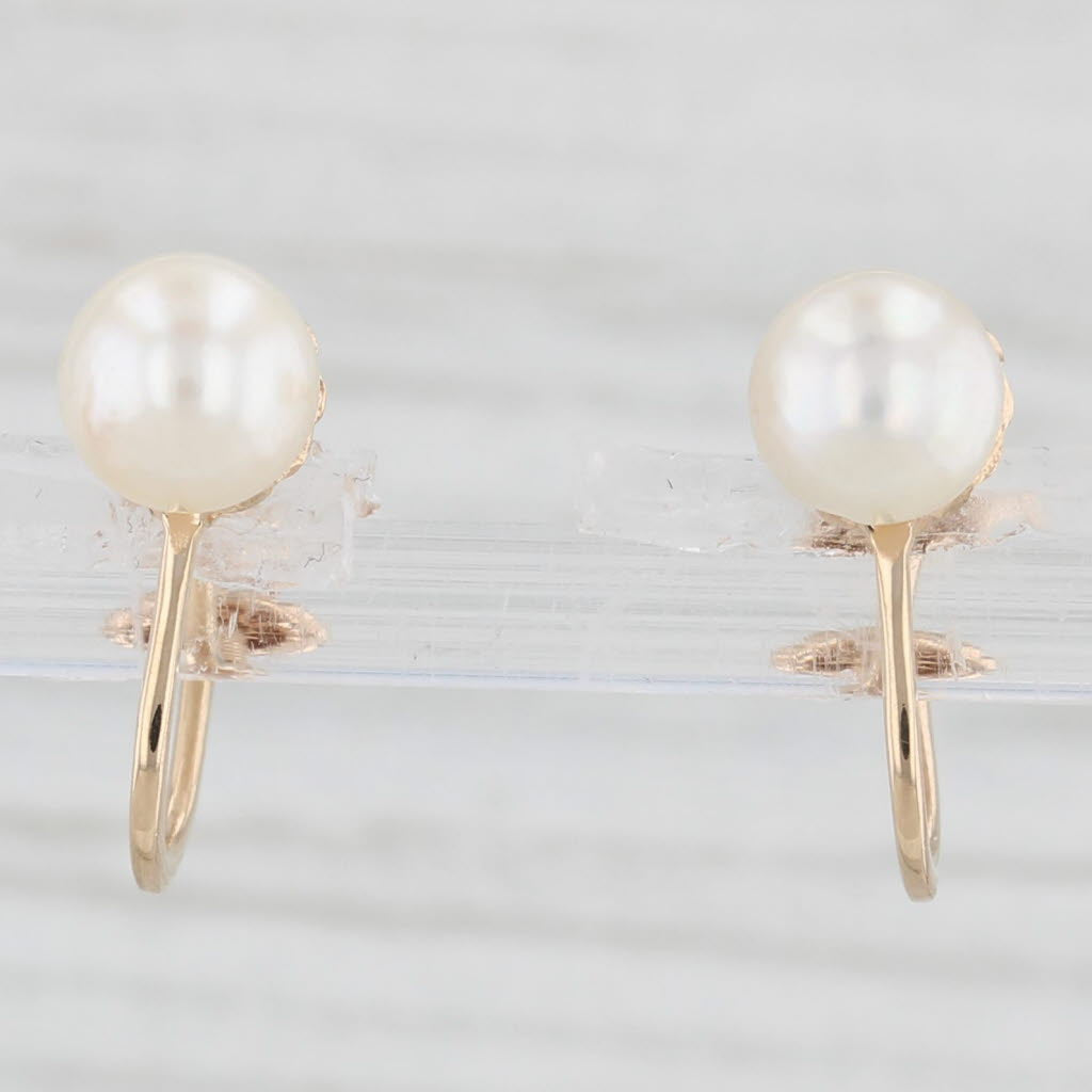 Light Gray Vintage Cultured Pearl Screw Back Studs 14k Yellow Gold Non-Pierced