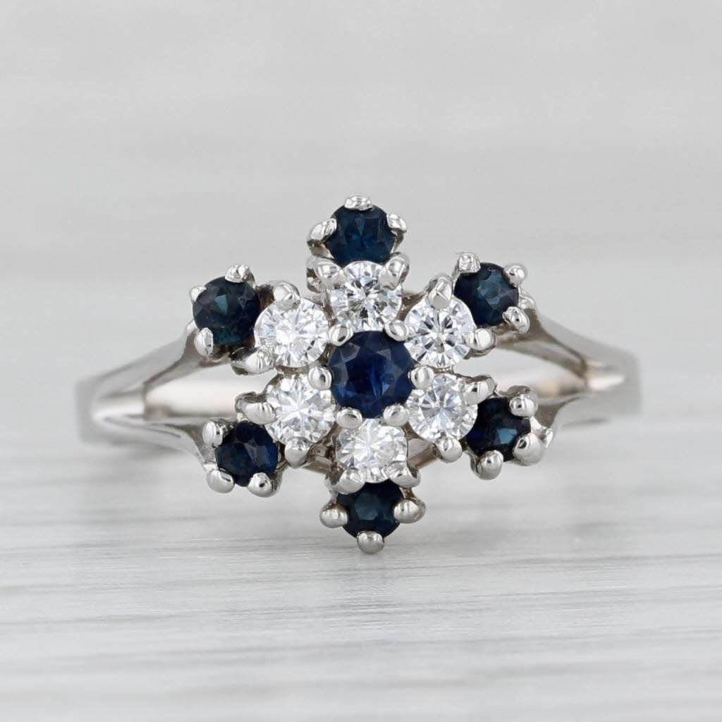 Light Gray 0.72ctw Blue Sapphire Diamond Flower Cluster Ring 14k White Gold Size 7