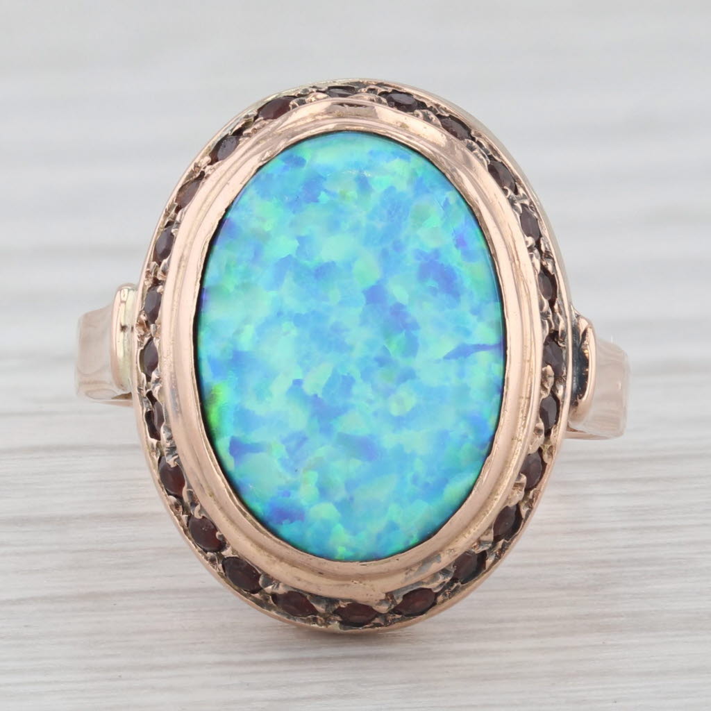 Light Gray Lab Created Opal Garnet Halo Ring 14k Rose Gold Size 6.75