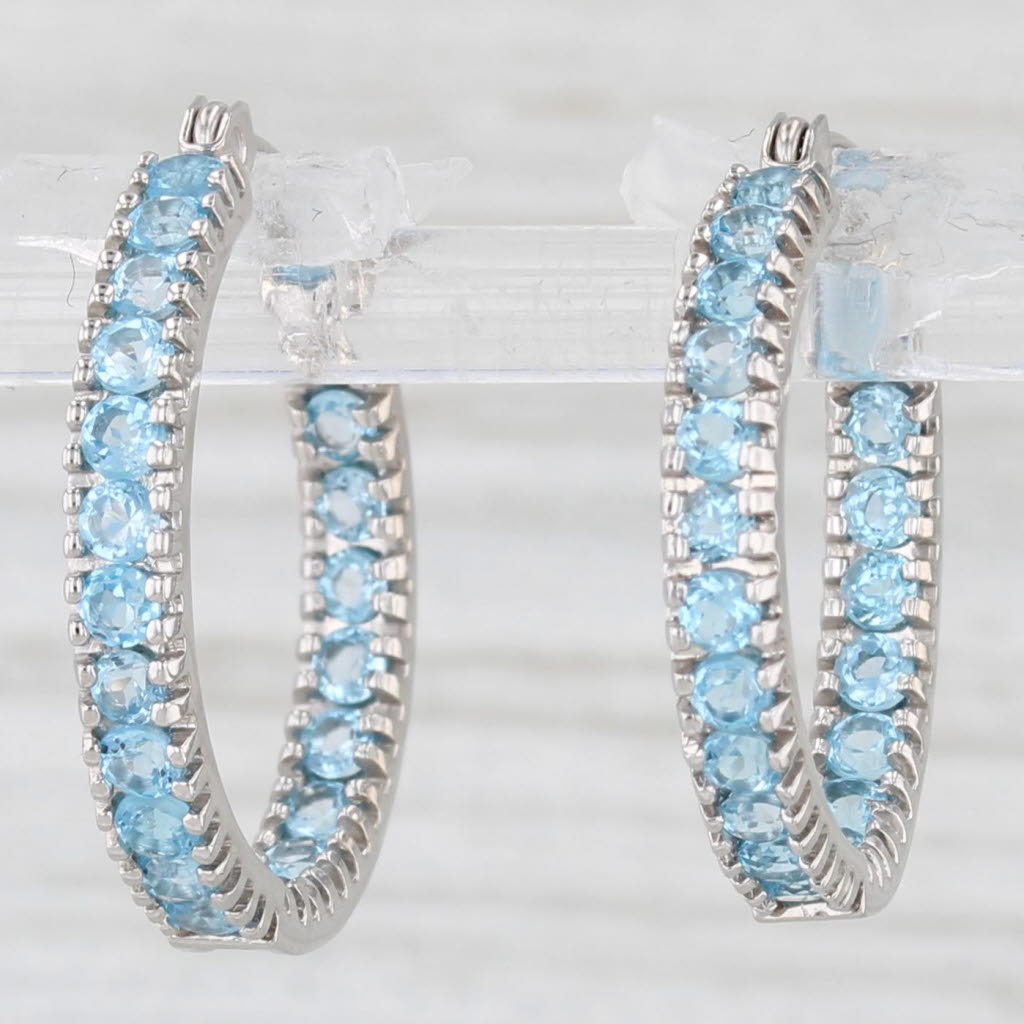 Light Gray 2.10ctw Blue Topaz Inside Out Hoop Earrings 10k White Gold Snap Top Round Hoops