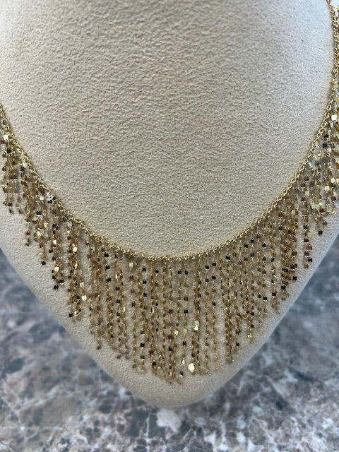 Light Slate Gray Fringed Bib Necklace 14k Yellow Gold 18" Cable Chain Mirror Chains