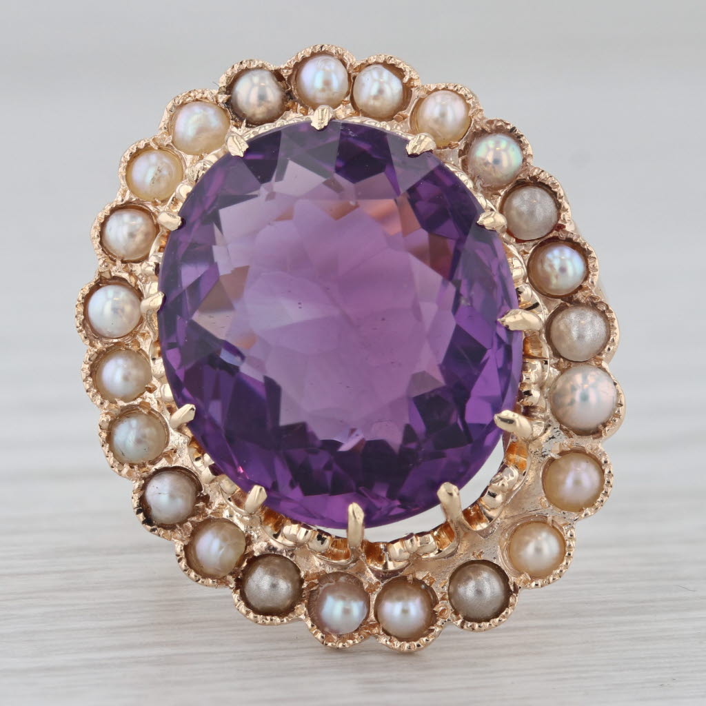 Gray Vintage Amethyst Pearl Halo Cocktail Ring 12k Yellow Gold Size 8.5