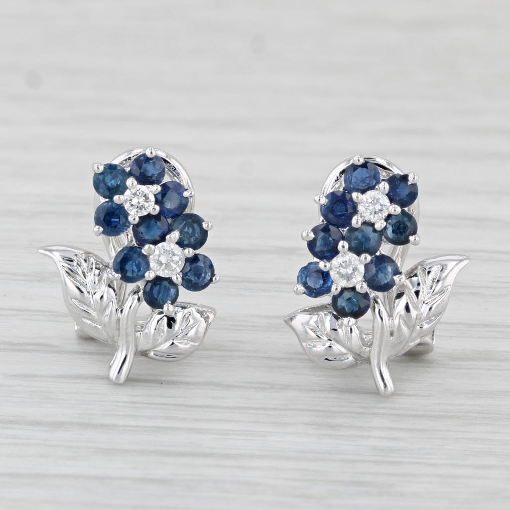 Light Gray 0.88ctw Blue Sapphire Diamond Flower Earrings 18k White Gold Omega Backs