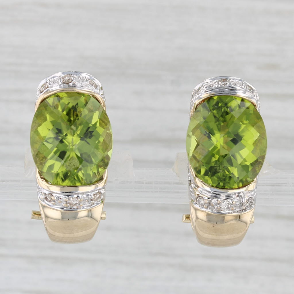 Light Gray 10ctw Peridot Diamond Drop Earrings 14k Yellow Gold Clip ON Drops Omega Backs