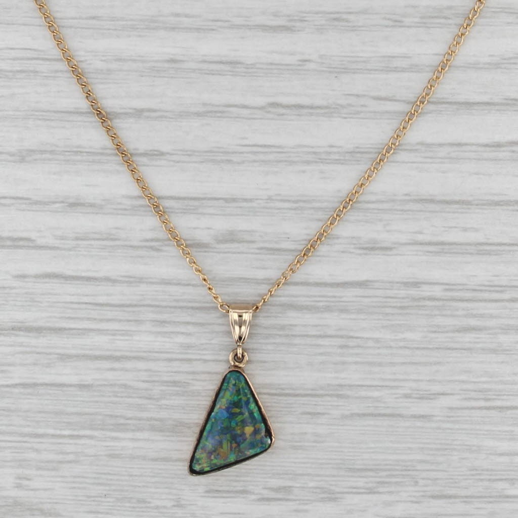 Triangle Cabochon Opal Pendant Necklace 14k Yellow Gold 17.5" Curb Chain