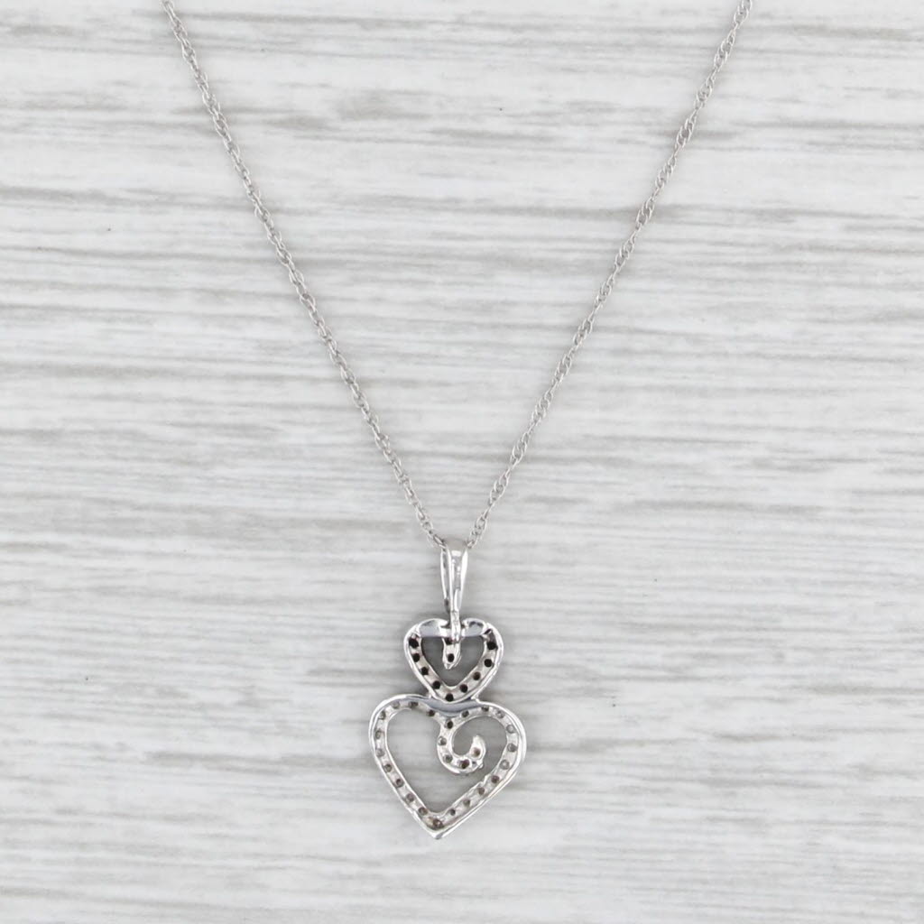 Black White Diamond Hearts Pendant Necklace 10k White Gold 18" Rope Chain