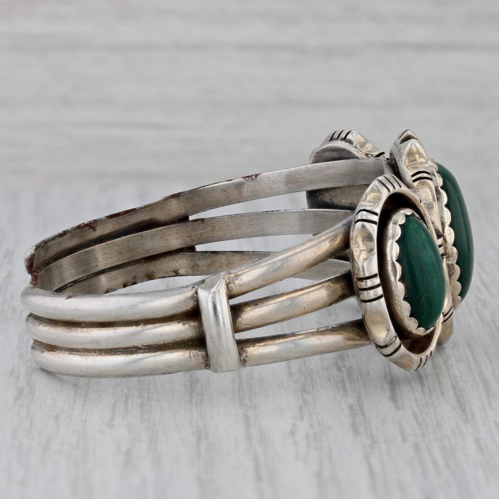 Gray Native American Green Malachite Cuff Bracelet Sterling Silver Vintage 3-Stone