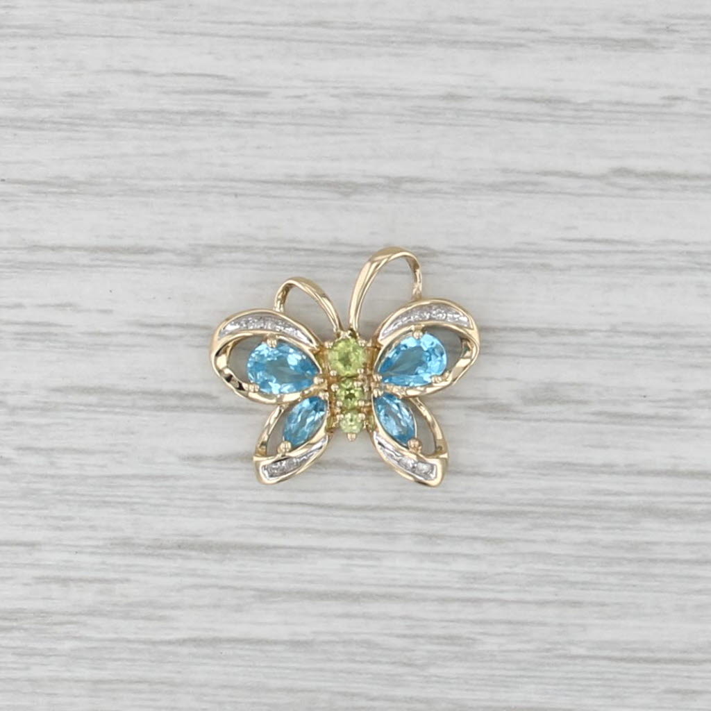 1.62ctw Blue Topaz Peridot Diamond Butterfly Pendant 10k Yellow Gold