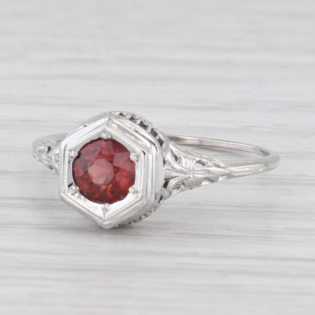 Light Gray Vintage Garnet Solitaire Filigree Ring 14k White Gold Size 6.25 Engagement