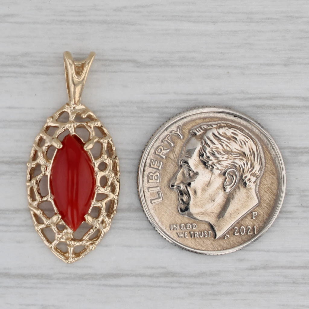 Gray Red Carnelian Marquise Cabochon Solitaire Pendant 14k Yellow Gold