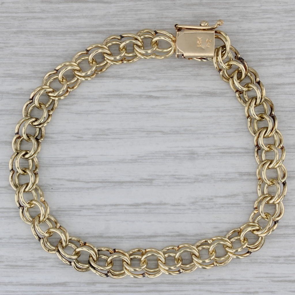 Dark Gray Double Curb Chain Charm Bracelet 14k Yellow Gold 7" 7.6mm