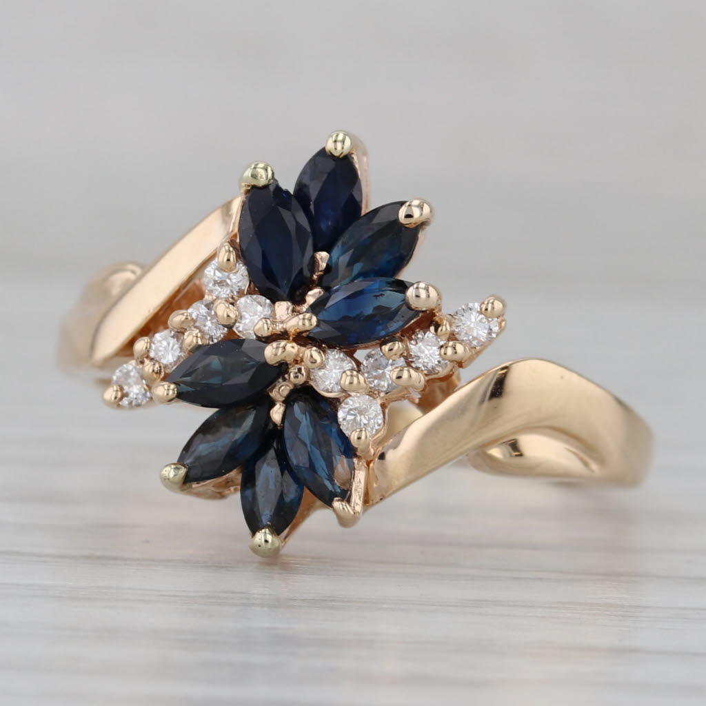 Gray 1.75ctw Blue Sapphire Cluster Diamond Bypass Ring 14k Yellow Gold Size 10