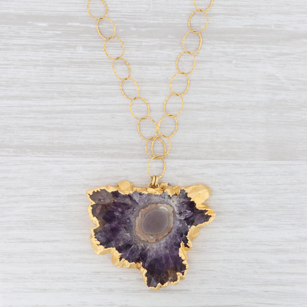 New Nina Wynn Amethyst Geode Pendant Necklace Sterling Gold Vermeil 29"