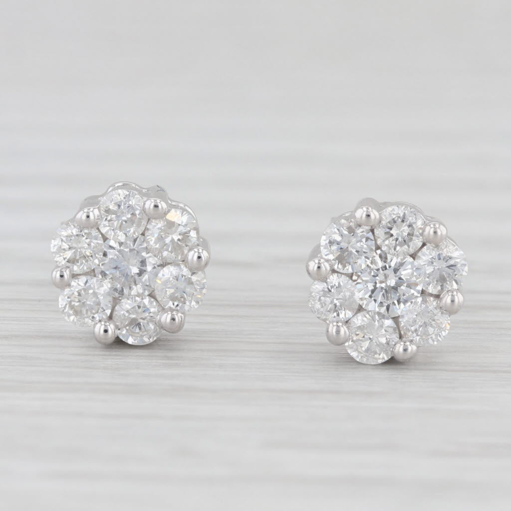 Light Gray 0.90ctw Diamond Cluster Stud Earrings 14k White Gold Flower Studs