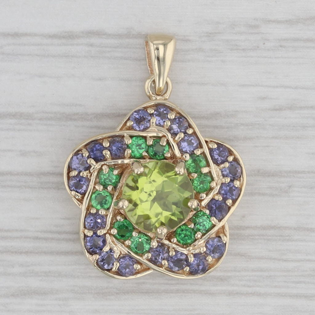 Gray 2.60ctw Peridot Tsavorite Garnet Tanzanite Flower Pendant 10k Yellow Gold