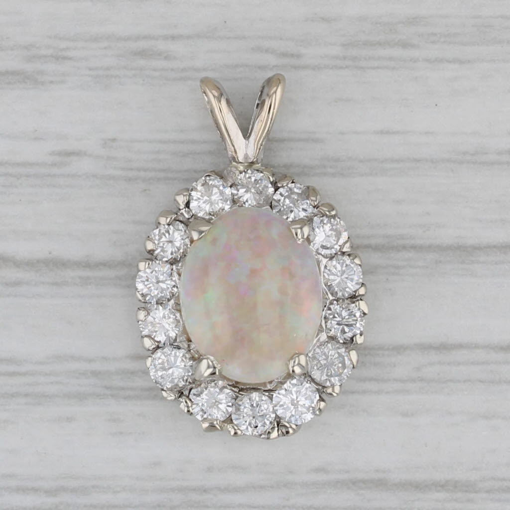 Gray Opal 0.85ctw Diamond Halo Pendant 14k White Gold Oval Cabochon Drop