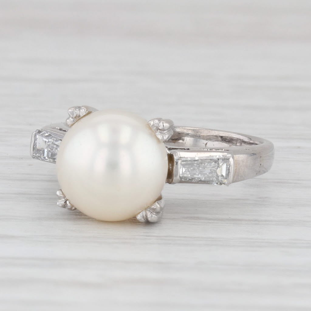 Light Gray Vintage Cultured Pearl Diamond Ring 18k White Gold Size 6.5