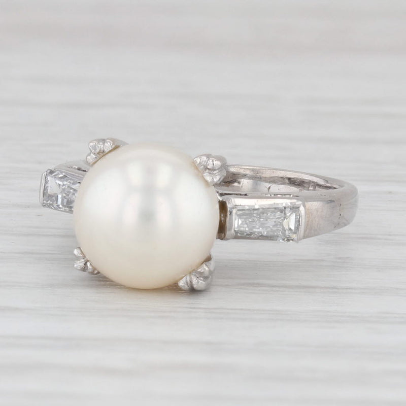 Vintage Cultured Pearl Diamond Ring 18k White Gold Size 6.5