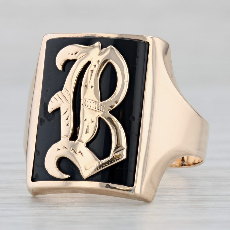 Light Gray Antique Onyx Old English Initial "B" Signet Ring 10k Yellow Gold Size 12