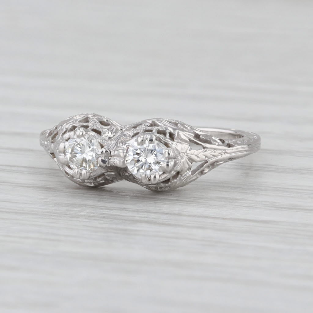 Vintage Art Deco 2-Diamond Filigree Ring 18k White Gold Size 6.75