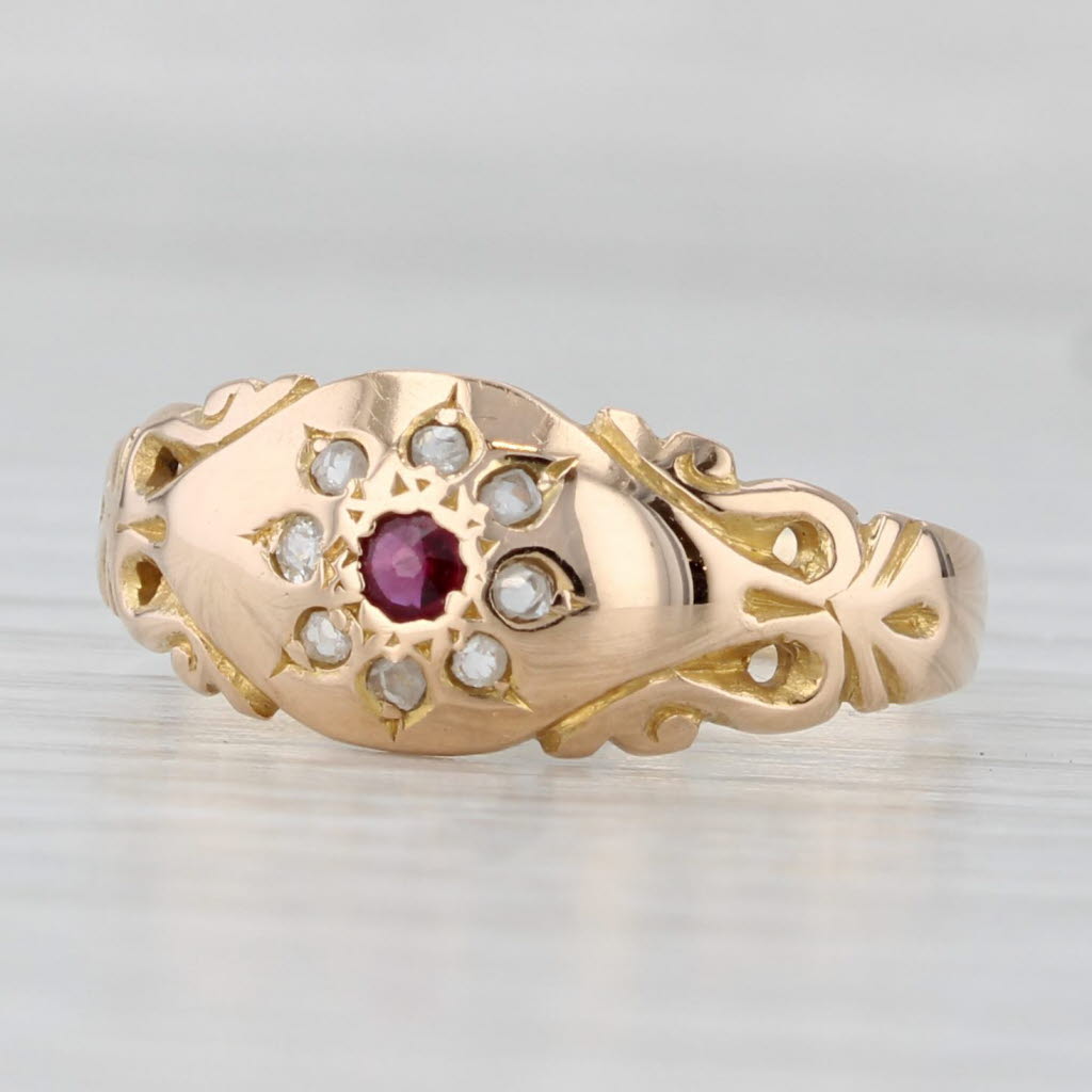 Light Gray Antique Ruby Diamond Flower Ring 12k Yellow Gold Size 8