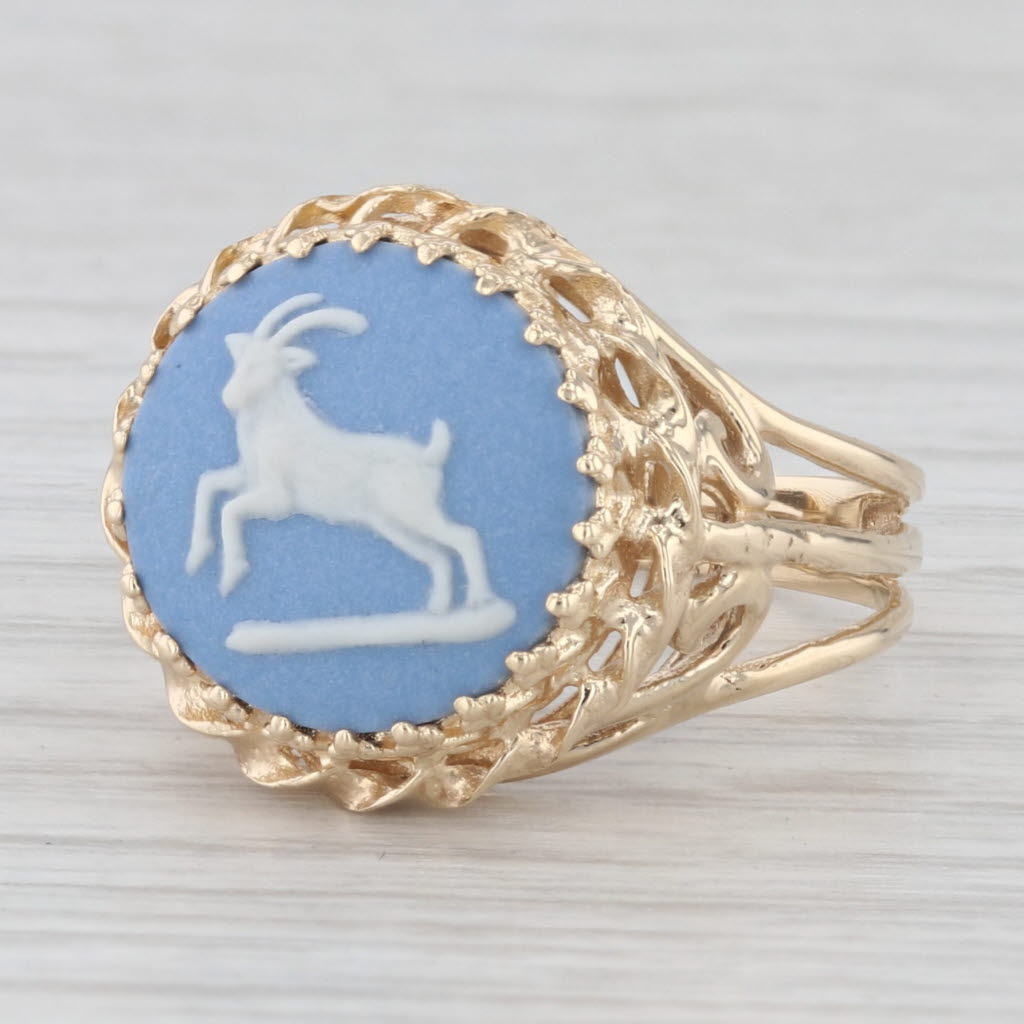 Gray Blue & White Wedgewood Ram Cameo Ring 14k Yellow Gold Size 7.75