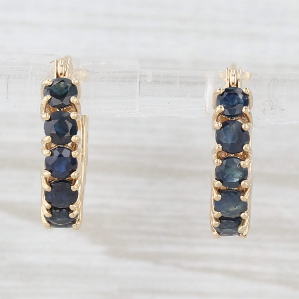 Light Gray 1.20ctw Blue Sapphire Hoop Earrings 14k Yellow Gold Snap Top Round Hoops